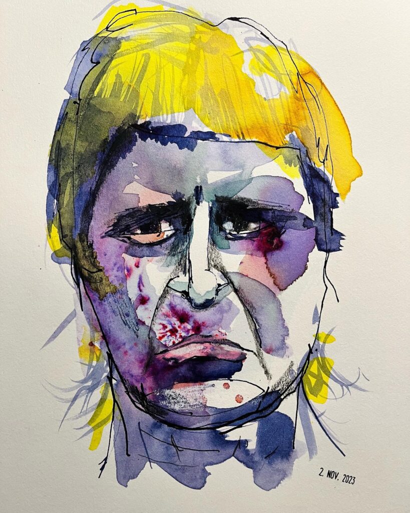 Ausdrucksstarkes Aquarell-Selbstporträt mit gelbem Haar und violetten Schatten.